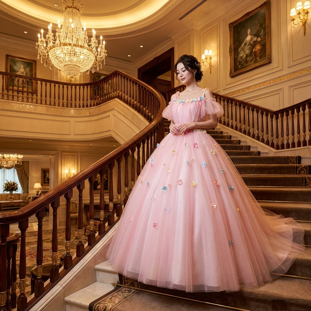 alice (着丈 サイズオーダー可能) Aラインドレス ロングドレス オーダーメイド ピンク プリンセスドレス チュールドレス ボリュームスカート 立体フラワー装飾 半袖風デザイン 揺れ感 透明感 圧倒的可憐 気品 ロマンティック モデル佇まい ホテル大階段 シャンデリア 特別な一日 フォーマル パーティー 上質ラグジュアリードレス （ピンク）XS S M L XL XXL XXXL