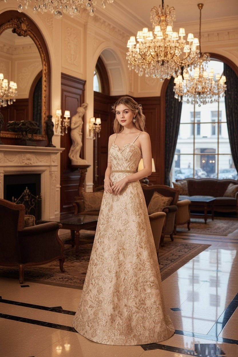 Camilla ロングドレス (着丈 サイズオーダー可能) オーダーメイド Aラインドレス レースドレス ノースリーブドレス 総レース 上質素材 繊細刺繍 透明感 美シルエット 体型補整 縦ライン強調 クラシカル 気品 静かな華やぎ 大人女性 ホテルラウンジ シャンデリア 特別な夜 フォーマル 高級感 （ベージュ）