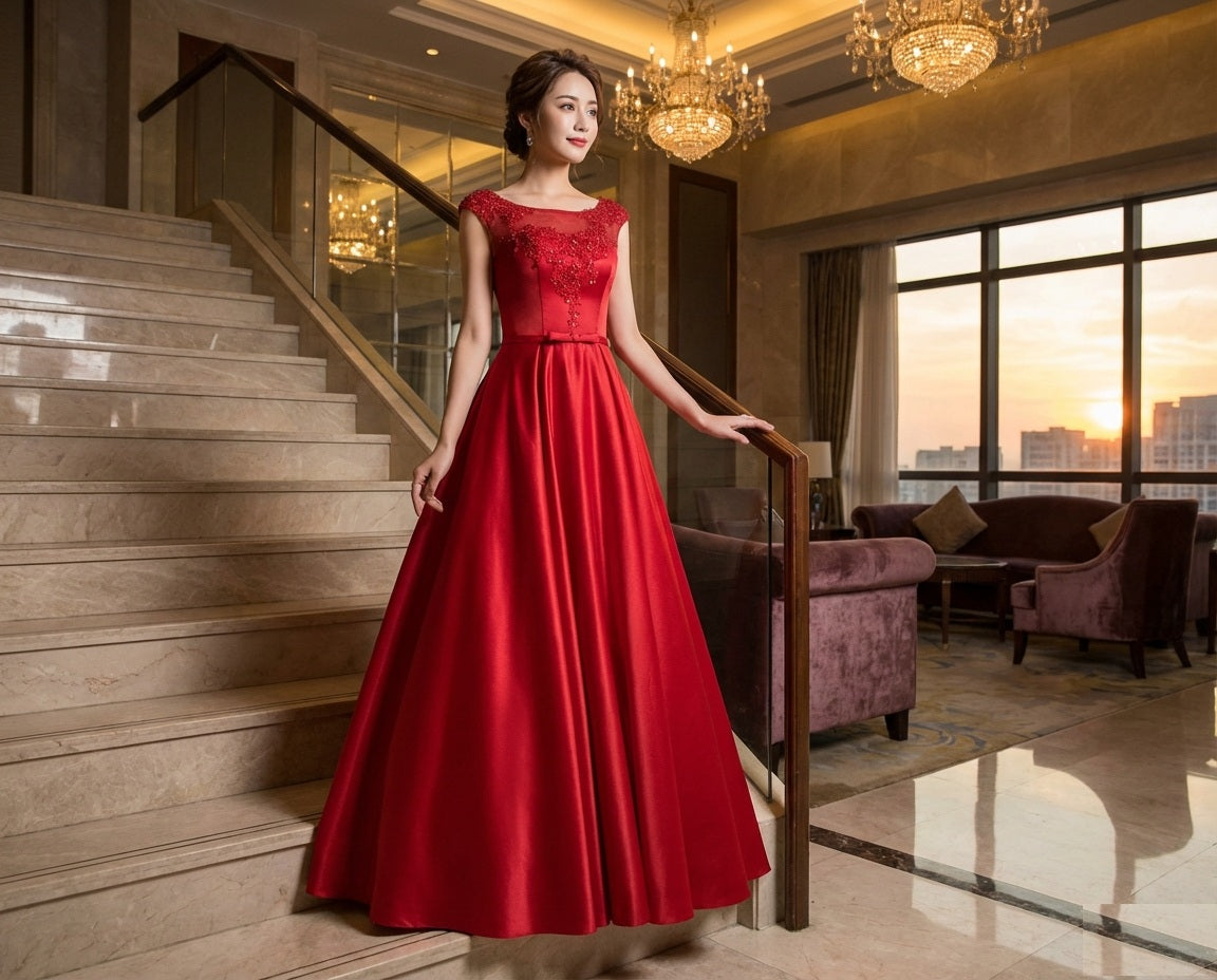 scottisch （着丈 サイズオーダー可能） オーダーメイド レッドドレス ロングドレス Aラインドレス サテンドレス 美シルエット 主役感 気品 華やか 日本人女性 体型補整 ホテル空間 特別な夜 パーティー 結婚式 （レッド）XS S M L XL XXL XXXL