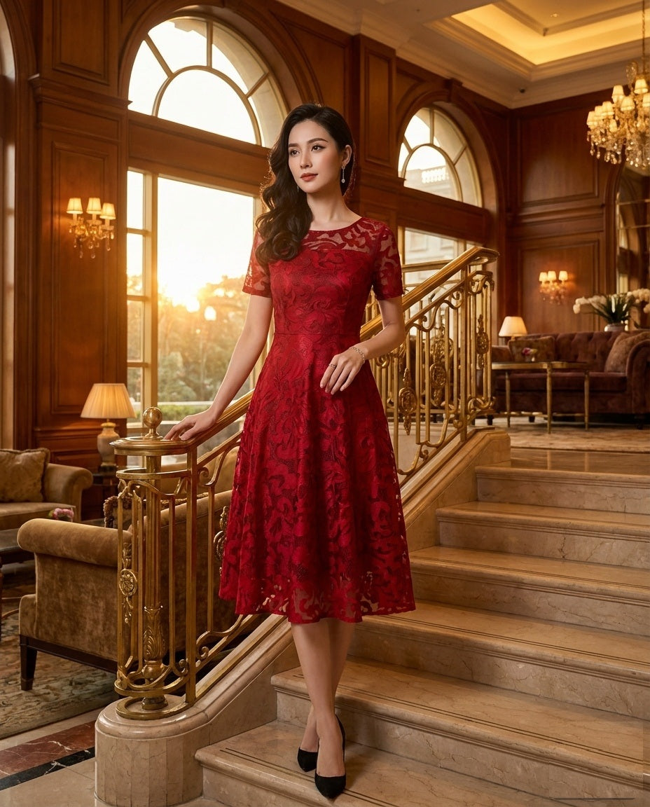 risler (着丈 サイズオーダー可能) Aラインドレス レースドレス ロングドレス オーダーメイド 高級ドレス レッドドレス フォーマルドレス パーティードレス 結婚式 二次会 演奏会 宮殿ホテル 大階段 シャンデリア 総レース 上質素材 フレアライン 美シルエット 大人女性 気品 透明感 華やか 主役級存在感 日本人女性 （レッド）