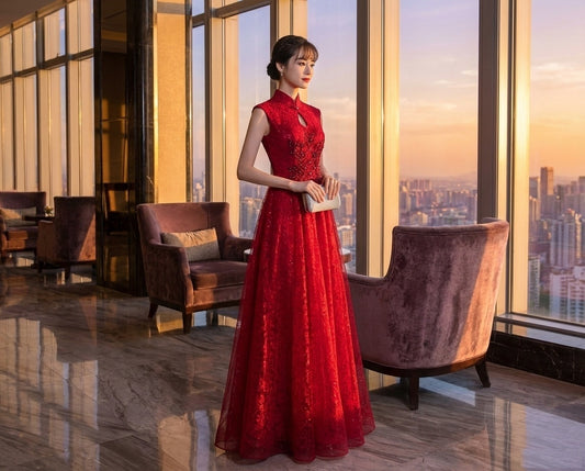 oriana チャイナカラー Aラインドレス 演奏会 舞台映え オーダーメイド ロング ノースリーブ（レッド）