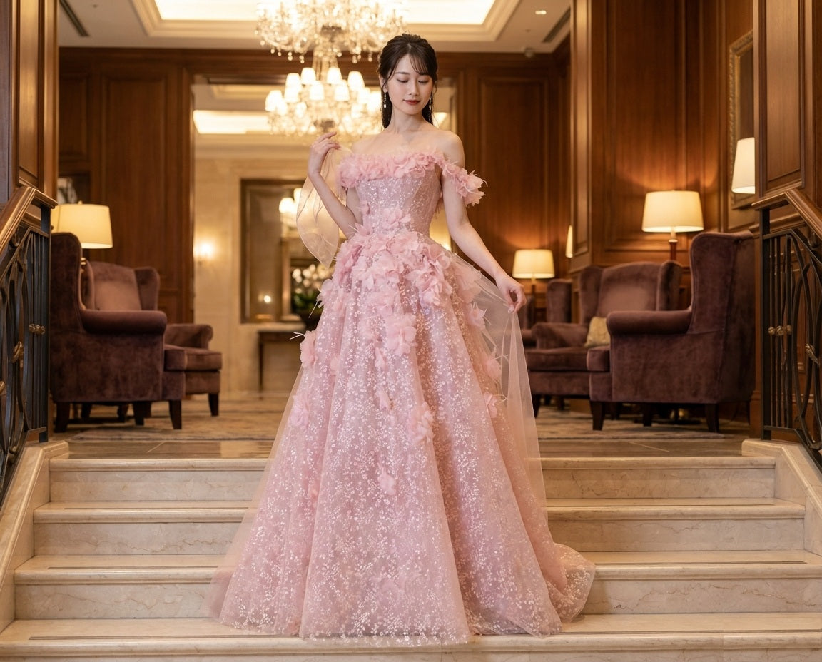 Celina Aラインドレス (着丈 サイズオーダー可能) ロングドレス オーダーメイド ノースリーブドレス レース ビジュー 刺繍 チュール 繊細素材 高級ドレス ラグジュアリー パーティードレス 結婚式 披露宴 演奏会 ホテル階段 シャンデリア光 柔らかな照明 気品 可憐 大人の余裕 日本人女性 体型美 シルエット美 特別な夜 主役級存在感（ピンク）