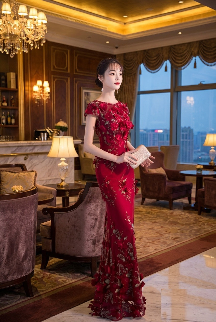 Sophia (着丈 サイズオーダー可能) マーメイドドレス オーダーメイド ロングドレス スリットドレス ノースリーブドレス レッドドレス ビジュードレス スパンコールドレス 上質サテン 微光沢 体型補整 美シルエット ホテルラウンジ 夜景 間接照明 気品 色気 主役級 ラグジュアリー フォーマル 結婚式 演奏会 パーティー 特別な夜 （レッド）XS S M L XL XXL XXXL