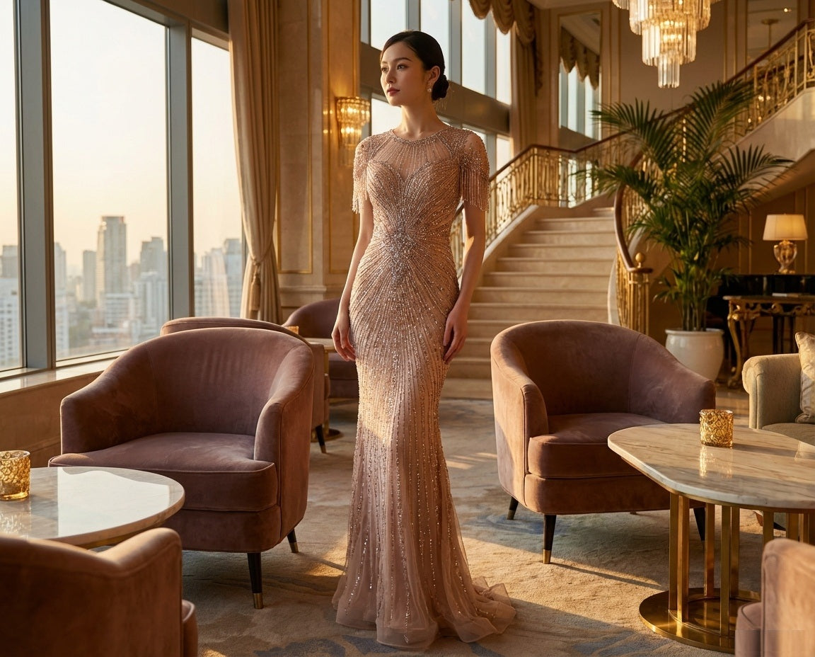 豪華オールビジュードレス aquiles (着丈 サイズオーダー可能) マーメイドドレス ロングドレス オーダーメイド アプリコット ベージュ 総スパンコール ビジュー ノースリーブ 曲線美 強調 縦ライン美 細見えシルエット 気品 艶感 大人女性 モデル佇まい ミニマル空間 特別な夜 晩餐会 フォーマル ラグジュアリードレス （ベージュ）XS S M L XL XXL XXXL