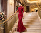 liina マーメイドドレス (着丈 サイズオーダー可能) オーダーメイド ロングドレス 総レースドレス レッドドレス チャイナ風スタンドカラー ハイネック 七分袖 体型補整 美シルエット 上質素材 高級感 特別な夜 ホテルラウンジ （レッド）
