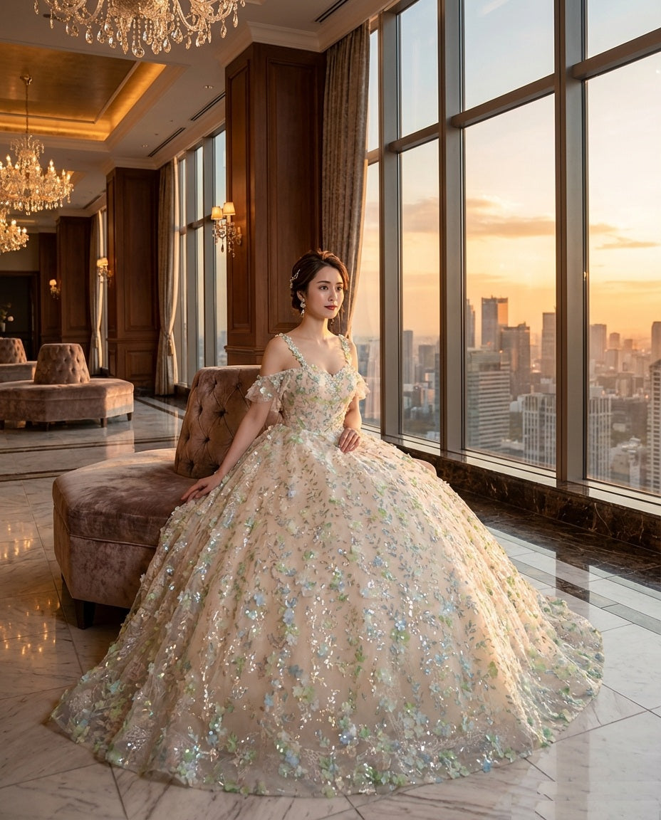 Gala (着丈 サイズオーダー可能) Aラインドレス ロングドレス オーダーメイド 高級ドレス ボリュームドレス パーティードレス ノースリーブドレス チュールドレス 演奏会ドレス 晩餐会 ホテルラグジュアリー 夜景サンセット 大窓ロケーション 繊細スパンコール 透明感発光 シルエット美補正 気品ある佇まい 大人の余裕 特別な夜 主役級存在感 日本人女性向け（ベージュ）