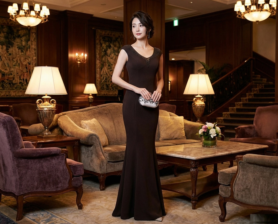 mian マーメイドドレス (着丈 サイズオーダー可能) オーダーメイド ロングドレス ブラックドレス ノースリーブドレス レースデザイン 体型補整 美シルエット 上質素材 高級感 ホテルディナー フォーマルシーン 大人上品 （ブルー）