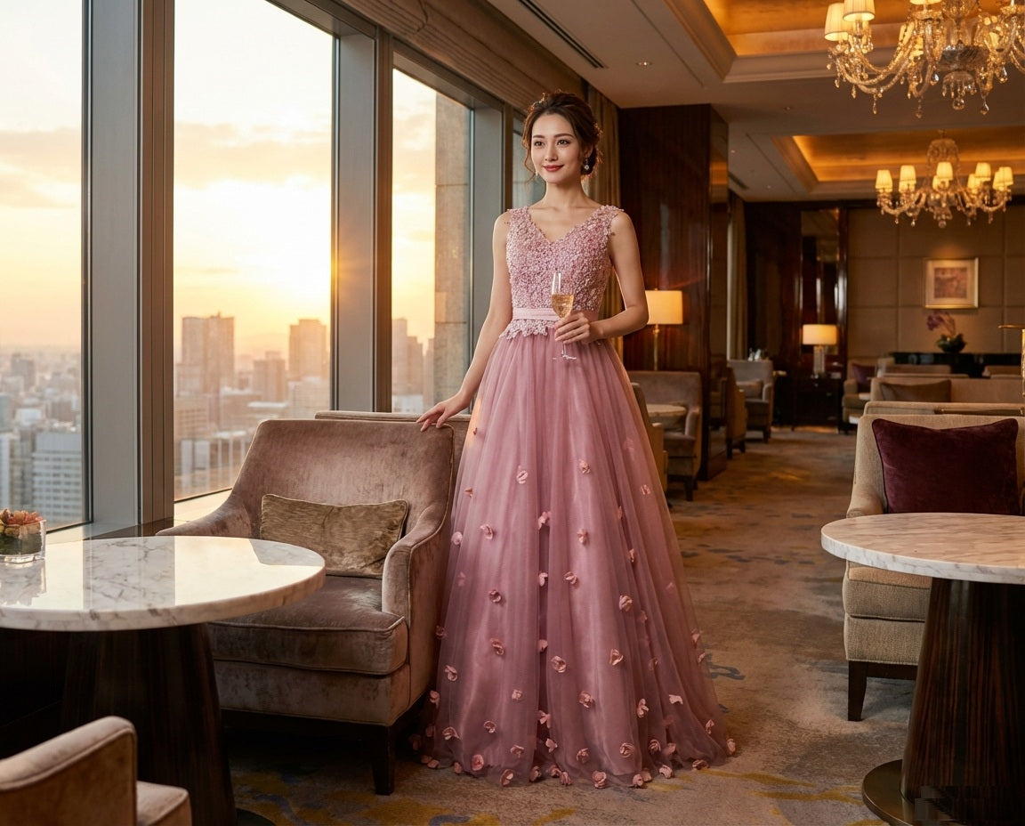 sarah （着丈 サイズオーダー可能） オーダーメイド Aラインドレス ロングドレス ピンク チュールドレス ビジュードレス スパンコール 繊細装飾 透明感 気品 日本人女性 美シルエット 体型補整 ホテル階段 特別な夜 フォーマル パーティー （ピンク）XS S M L XL XXL XXXL