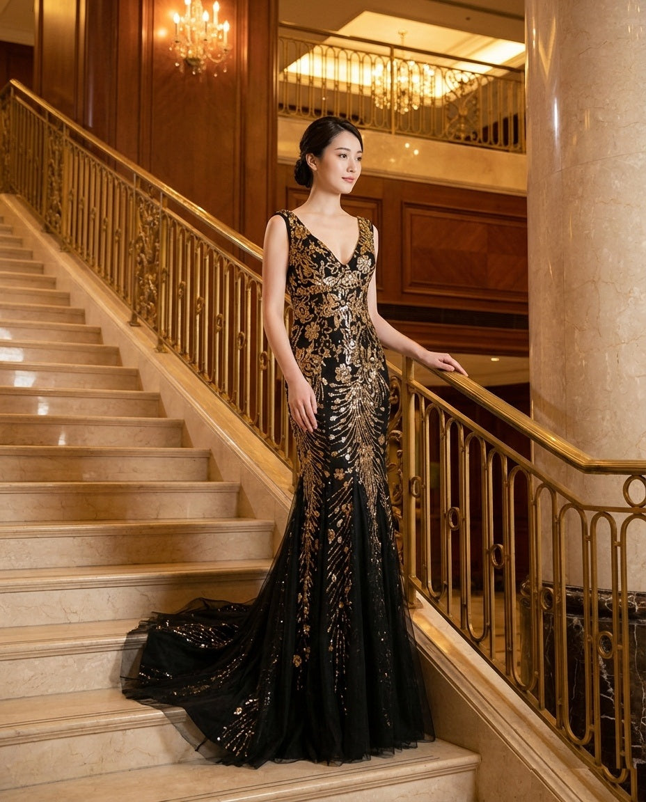 depreza マーメイドドレス ブルー/ブラック ゴールド/ブラック XS S M L XL XXL 即日発送 即納 結婚式 パーティードレス 体型カバー 小柄  ゆったり マタニティ ブラジャー 20代 30代 40代 50代 ブランド ワンピース シャンパン 夏 持ち運び