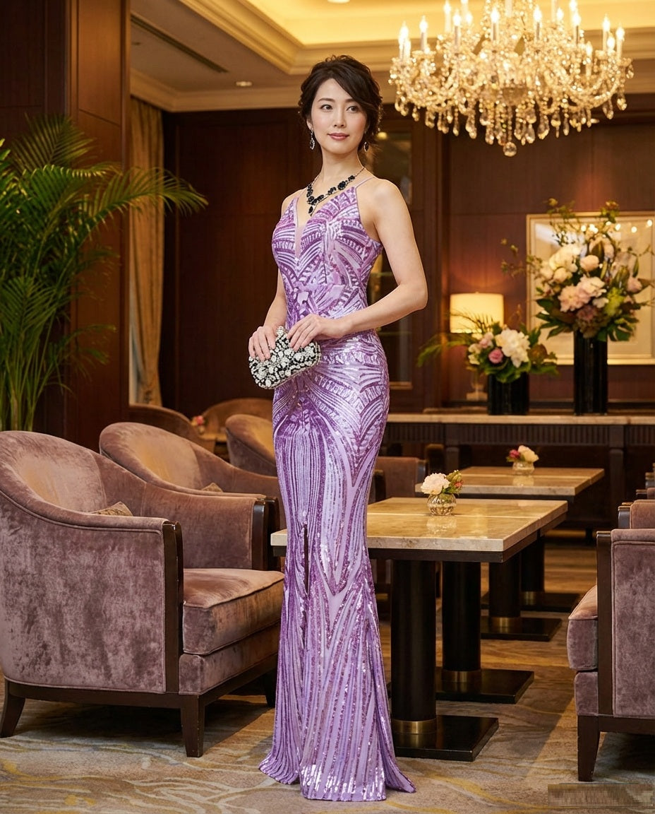 n2026 オーダーメイド （着丈 サイズオーダー可能） マーメイドドレス ロングドレス ノースリーブドレス スパンコールドレス ビジュードレス フォーマルドレス 高級ドレス 上質素材 美シルエット 体型補整 大人女性 気品 色気 透明感 ホテルパーティー シャンデリア空間 夜景 映える装い 演奏会 結婚式 二次会 特別な夜 ラグジュアリー （パープル）XS S M L XL XXL XXXL