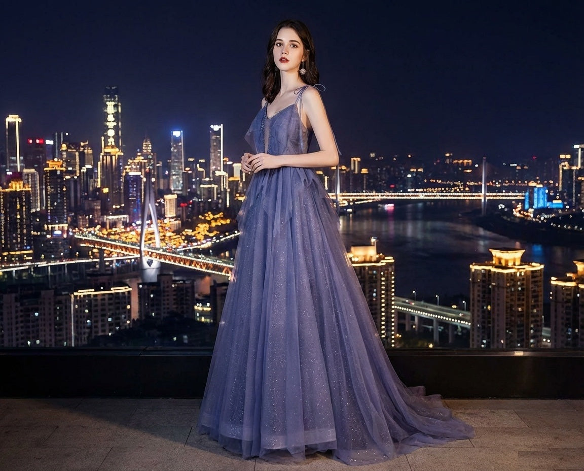 Luna (着丈 サイズオーダー可能) Aラインドレス オーダーメイド ロングドレス ノースリーブドレス ブルードレス チュールドレス レースドレス 上質素材 軽やか 体型補整 美シルエット 夜景 ルーフトップ シティライト 気品 透明感 大人女性 ラグジュアリー フォーマル 結婚式 演奏会 パーティー 特別な夜 （ブルー）XS S M L XL XXL XXXL