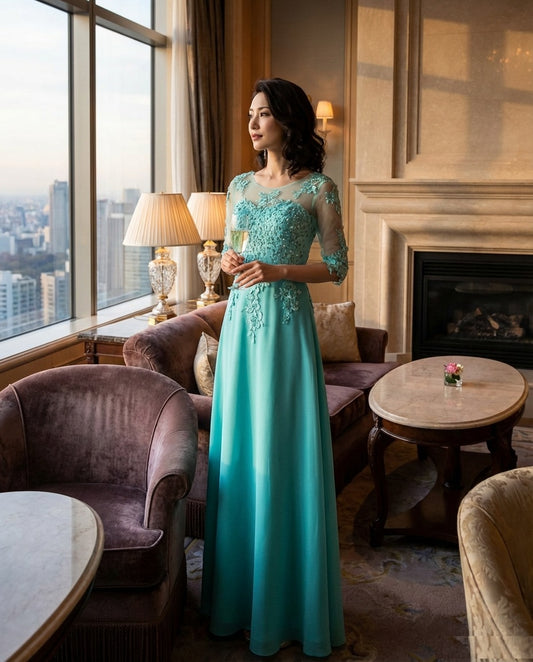 fritillaria ロングドレス (着丈 サイズオーダー可能) オーダーメイド Aラインドレス ミントグリーンドレス チュールドレス 刺繍レーストップ 七分袖 美シルエット 体型補整 透明感 高級感 ホテルラウンジ 大人上品 （グリーン）