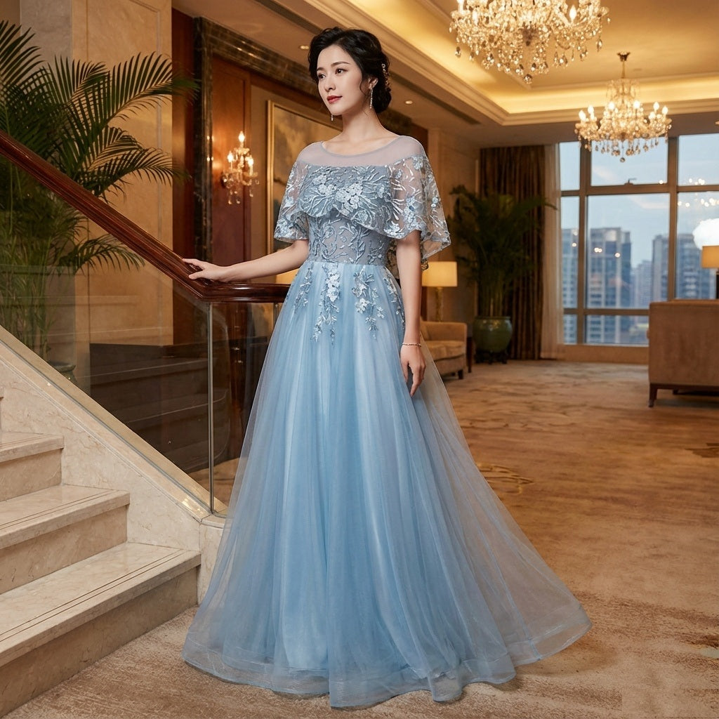 escoffier ロングドレス (着丈 サイズオーダー可能) オーダーメイド Aラインドレス チュールドレス 刺繍レースドレス ケープスリーブ 透け感トップス 体型補整 美シルエット 上質素材 透明感 静かな華やぎ 大人上品 ホテルディナー 特別な夜 （ネイビー）