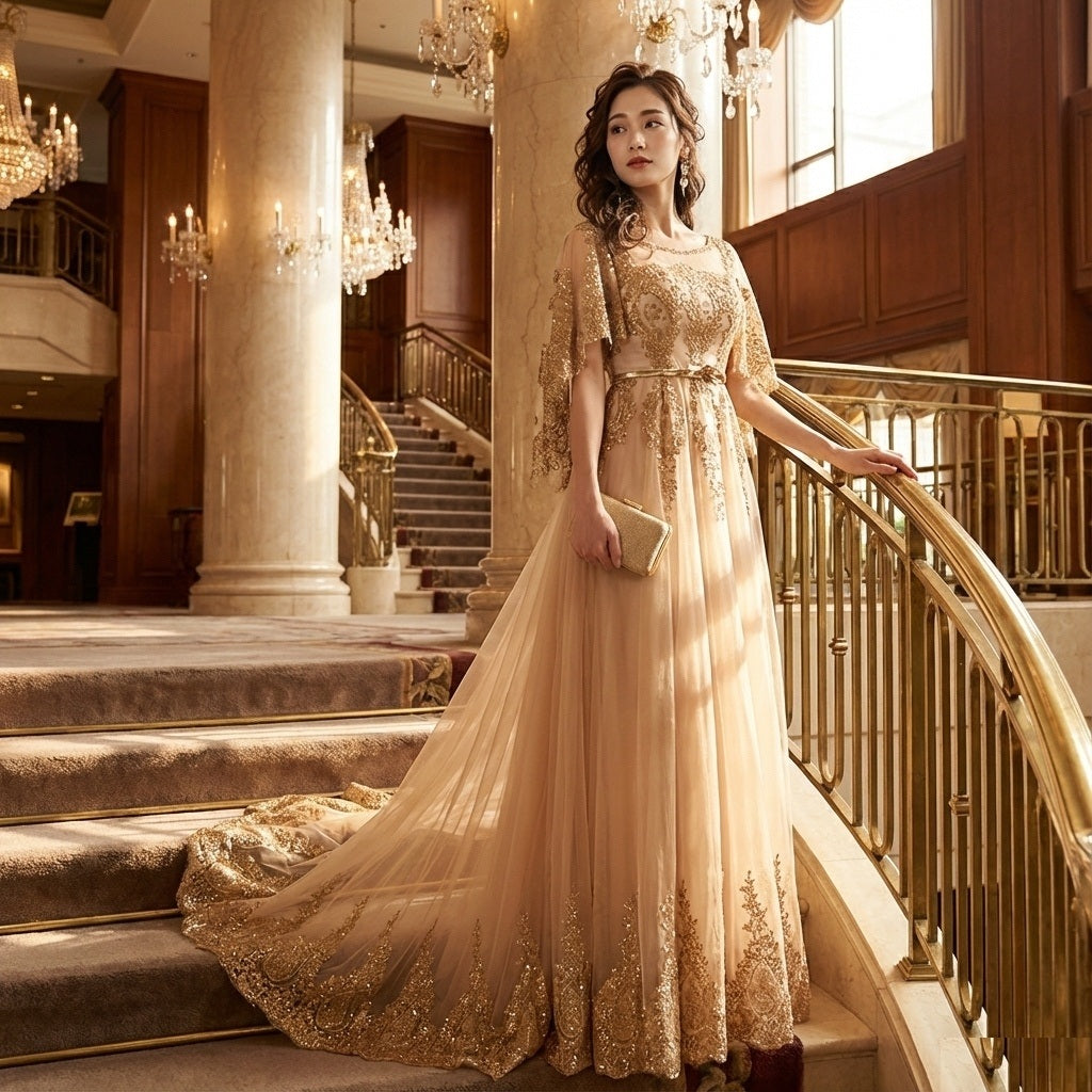 stefanie (着丈 サイズオーダー可能) オーダーメイド Aラインドレス ロングドレス ノースリーブドレス レースドレス ビジュードレス チュールドレス ベージュ 上質素材 透明感 気品 優雅シルエット 体型補整 縦ライン強調 ホテル階段 夜景照明 光纏う 大人女性 フォーマル 結婚式 パーティー 演奏会 二次会 日本人女性向け 高級感 （ベージュ）XS S M L XL XXL XXXL