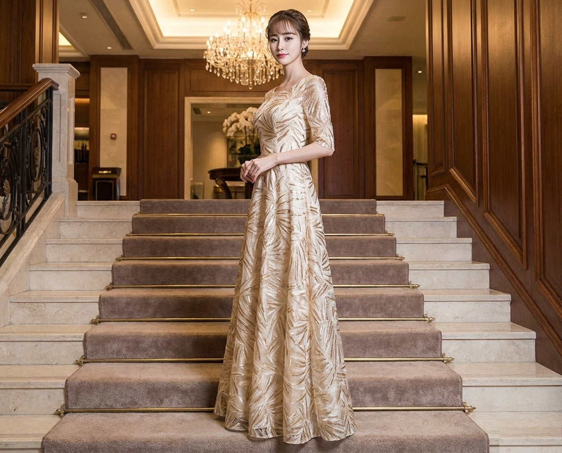 christina (着丈 サイズオーダー可能) オーダーメイド Aラインドレス ロングドレス レースドレス ノースリーブドレス ベージュドレス フォーマルドレス 上質素材 フラワーレース 繊細刺繍 ナチュラルドレープ クラシックホテル 大階段 シャンデリア光 気品 透明感 正統派 大人女性 正装 結婚式 披露宴 演奏会 晩餐会 パーティー 高級感 日本人女性向け （ベージュ）XS S M L XL XXL XXXL