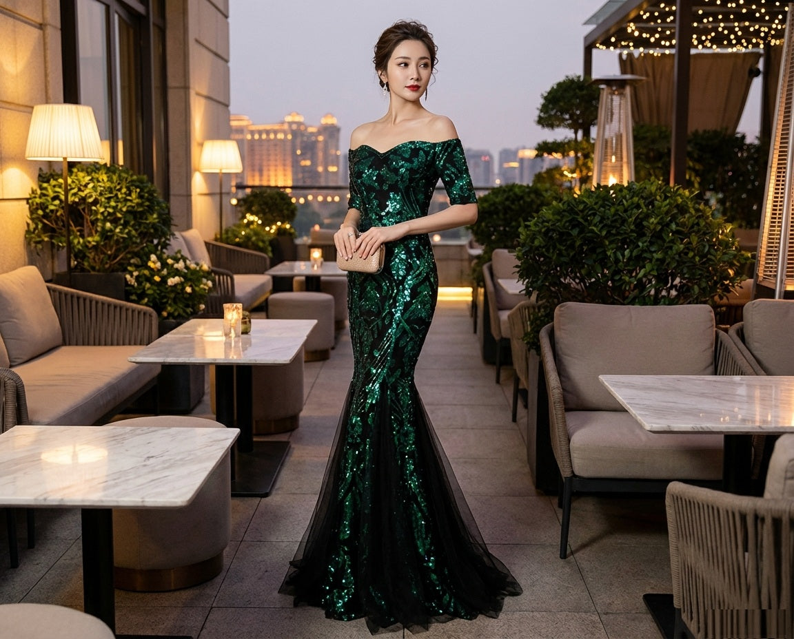 vidal マーメイドドレス (着丈 サイズオーダー可能) オーダーメイド ロングドレス ノースリーブドレス グリーンドレス エメラルドグリーン スパンコール ビジュー 刺繍 上質素材 高級感 気品 透明感 大人の余裕 静かな美しさ ルーフトップ テラス 夜景 シティビュー シャンデリア ナイトラグジュアリー 光演出 立体シルエット 美脚ライン 体型補正 フォーマル 晩餐会 特別な夜 （グリーン）
