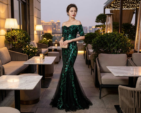 vidal マーメイドドレス (着丈 サイズオーダー可能) オーダーメイド ロングドレス ノースリーブドレス グリーンドレス エメラルドグリーン スパンコール ビジュー 刺繍 上質素材 高級感 気品 透明感 大人の余裕 静かな美しさ ルーフトップ テラス 夜景 シティビュー シャンデリア ナイトラグジュアリー 光演出 立体シルエット 美脚ライン 体型補正 フォーマル 晩餐会 特別な夜 （グリーン）