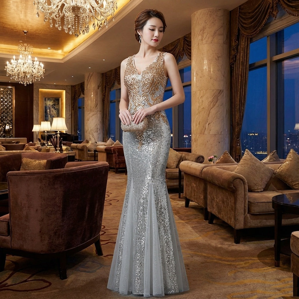 lacostesgray マーメイドドレス (着丈 サイズオーダー可能) オーダーメイド ロングドレス ノースリーブドレス グレードレス ビジュードレス スパンコールドレス 上質サテン 微光沢 体型補整 美シルエット クラシックホテル ラウンジ シャンデリア光 気品 知的 大人女性 ラグジュアリー フォーマル 結婚式 演奏会 パーティー 特別な夜 （グレー）