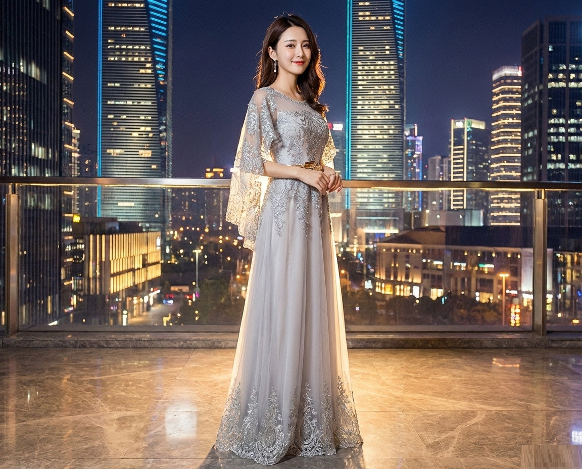 lautrec (着丈 サイズオーダー可能) Aラインドレス ロングドレス ノースリーブドレス オーダーメイド 高級 シフォン チュール レース 繊細刺繍 ミニマルデザイン 縦ライン 美シルエット 透明感 気品 洗練 モダンエレガンス 室内光 都会的空間 特別な一日 パーティー 発表会 日本人女性 静かな美しさ 上質な余韻 （グレー）XS S M L XL XXL XXXL