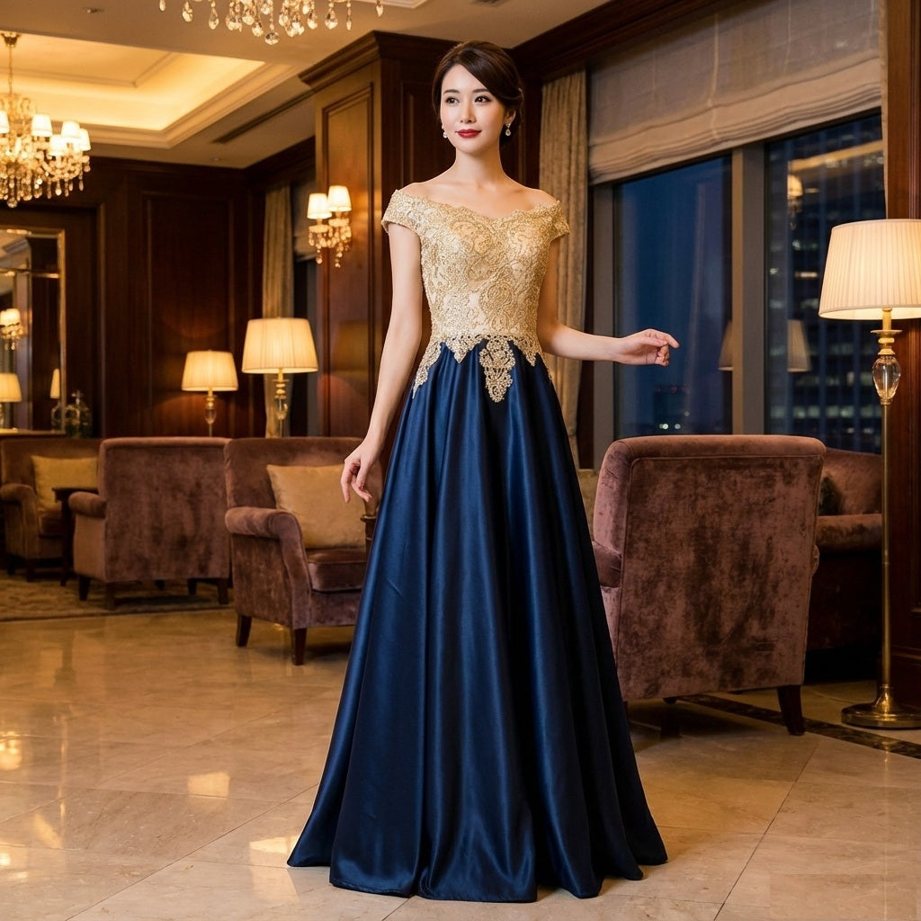 6543-ta Aラインドレス (着丈 サイズオーダー可能) オーダーメイド ロングドレス ネイビー×ゴールドドレス ビジューレーストップス サテンスカート オフショルダー風 体型補整 高級感 ホテルディナー レセプション映え 大人エレガンス （グリーン）