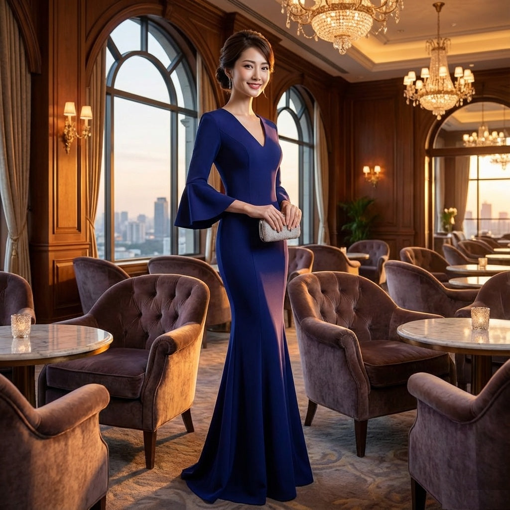 signe マーメイドドレス (着丈 サイズオーダー可能) オーダーメイド ロングドレス スリットドレス ネイビードレス Vネックドレス フレアスリーブ 体型補整 美シルエット 上質素材 高級感 ホテルラウンジ 大人エレガント （ホワイト）