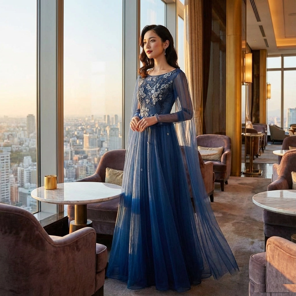 hervie Aラインドレス (着丈 サイズオーダー可能) オーダーメイド ロングドレス ブルー ネイビー チュール レース ノースリーブ フレアシルエット 体型カバー 縦ライン美 細見え 知的 気品 大人の余裕 ホテルラウンジ 夜景 夕景光 特別な夜 晩餐会 演奏会 主役級ラグジュアリードレス （ブルー）XS S M L XL XXL XXXL