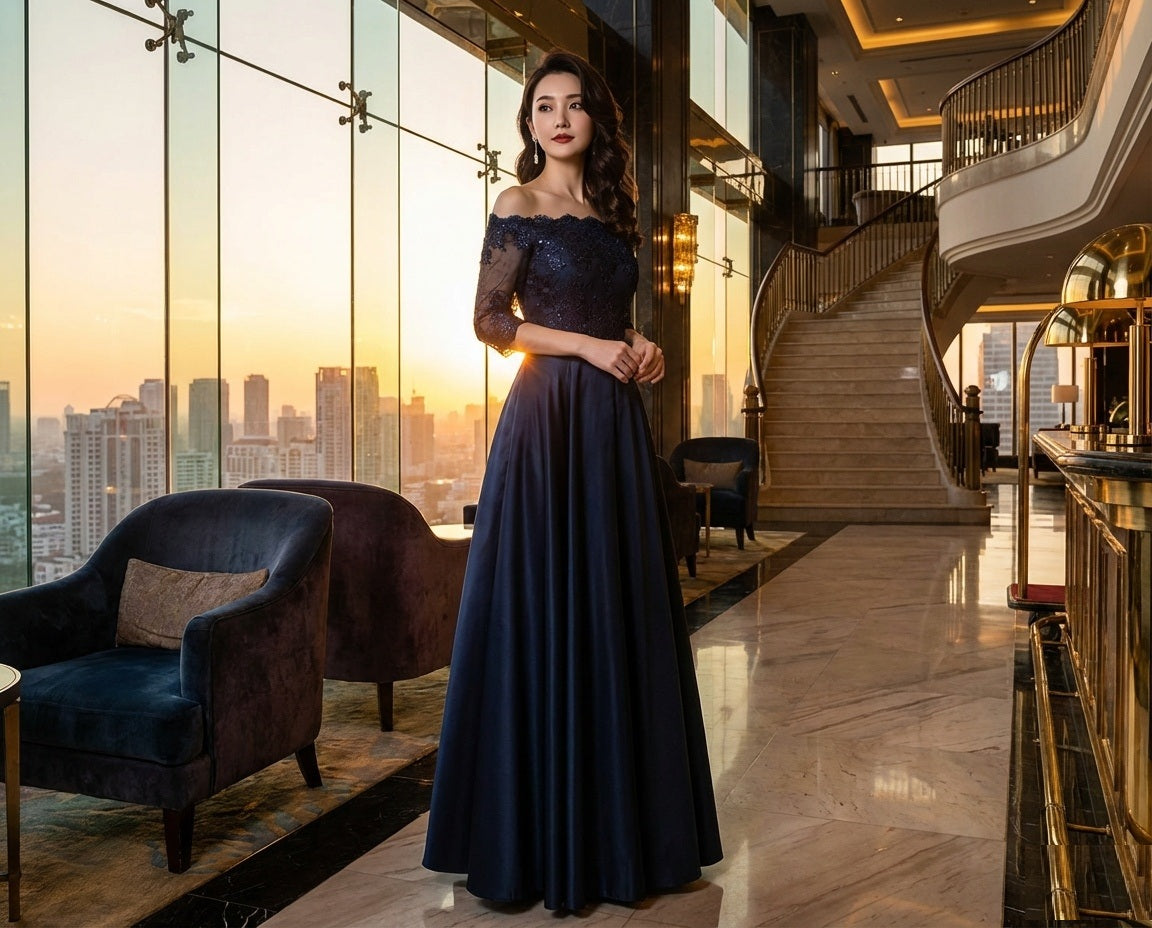 legendre (着丈 サイズオーダー可能) Aラインドレス ロングドレス ノースリーブドレス オーダーメイド 高級 サテン チュール ビジュー刺繍 デコルテ美 縦ライン 美シルエット 透明感 気品 クラシカルラグジュアリー ホテルラウンジ 夕景 夜景照明 晩餐会 ガラディナー パーティー 日本人女性 凛とした佇まい 美しい余韻 （ネイビー）XS S M L XL XXL XXXL