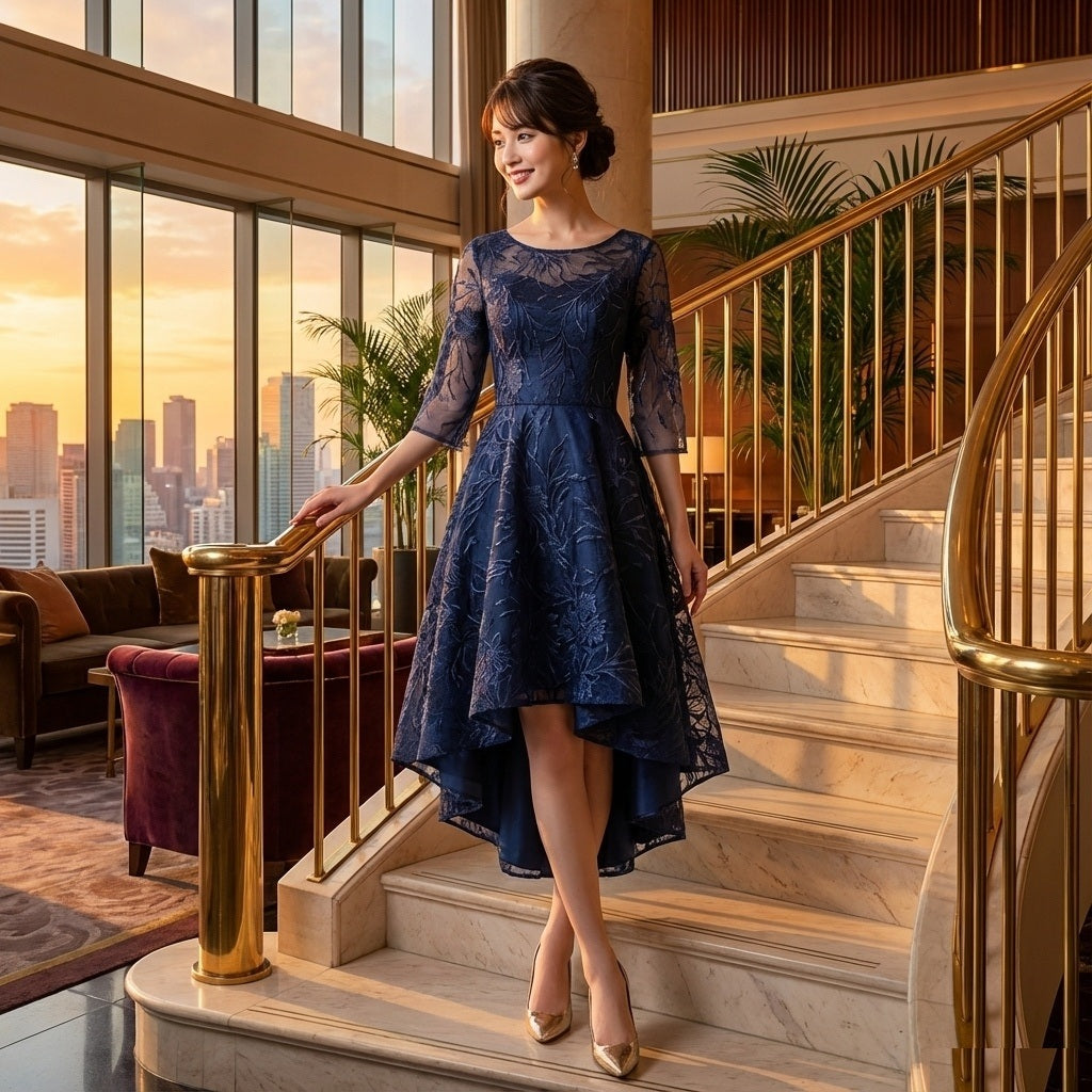 tuula フィッシュテールドレス (着丈 サイズオーダー可能) オーダーメイド Aラインドレス 総レースドレス 七分袖ドレス 上質素材 高級感 ラグジュアリー 体型補整 美シルエット フォーマルドレス 演奏会 ホテルディナー 結婚式 特別な夜 気品漂う装い 優雅エレガンス （ネイビー）XS S M L XL XXL XXXL