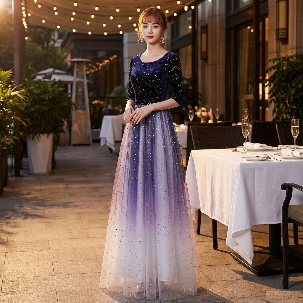 suoma (着丈 サイズオーダー可能) オーダーメイド Aラインドレス ロングドレス ノースリーブドレス パープル グラデーションドレス チュールドレス 上質素材 透明感 気品 優美シルエット 体型補整 縦ライン強調 ナイトテラス イルミネーション 光纏う 大人女性 フォーマル 結婚式 パーティー 演奏会 二次会 日本人女性向け 高級感 （パープル）XS S M L XL XXL XXXL