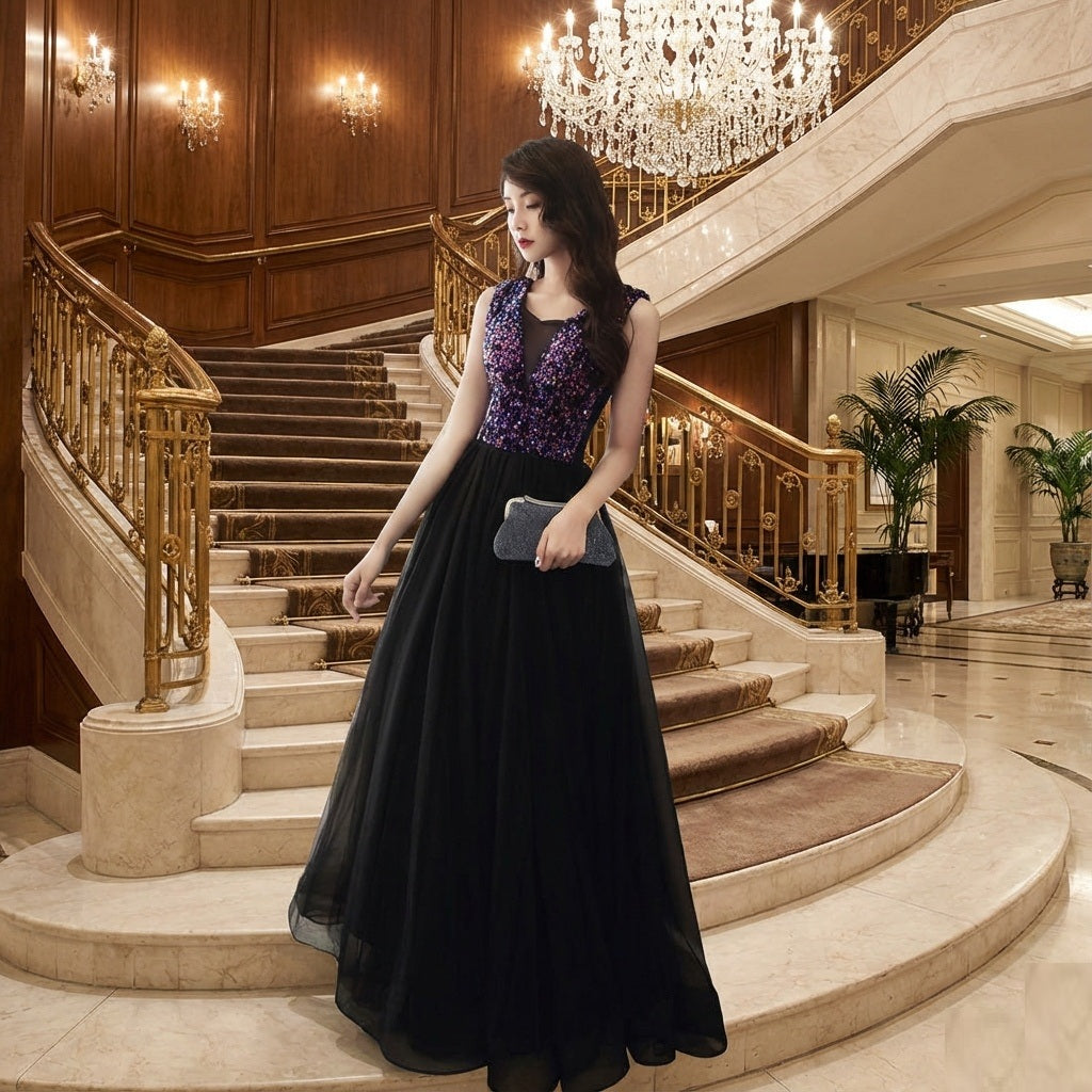 3-653 (着丈 サイズオーダー可能) ロングドレス オーダーメイド Aラインドレス ノースリーブドレス ブラックドレス フォーマルドレス パーティードレス 結婚式 演奏会 発表会 高級ドレス ラグジュアリー ビジュー刺繍 パープル装飾 透明感 デコルテ美 縦長効果 美シルエット 宮殿階段 シャンデリア光 大人女性 気品 静かな華やぎ 主役級 楽天市場人気 （ブラック）XS S M L XL XXL XXXL