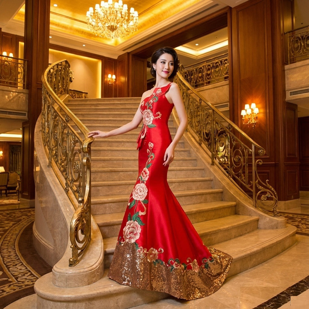 ophelia （着丈 サイズオーダー可能） オーダーメイド マーメイドドレス フィッシュテールドレス ロングドレス ノースリーブドレス スパンコールドレス ビジュードレス フォーマルドレス 高級ドレス 上質素材 華やか 主役級 気品 大人女性 美シルエット 体型補整 ステージ照明 映える装い 結婚式 二次会 演奏会 パーティー 特別な夜 ラグジュアリー （レッド）XS S M L XL XXL XXXL