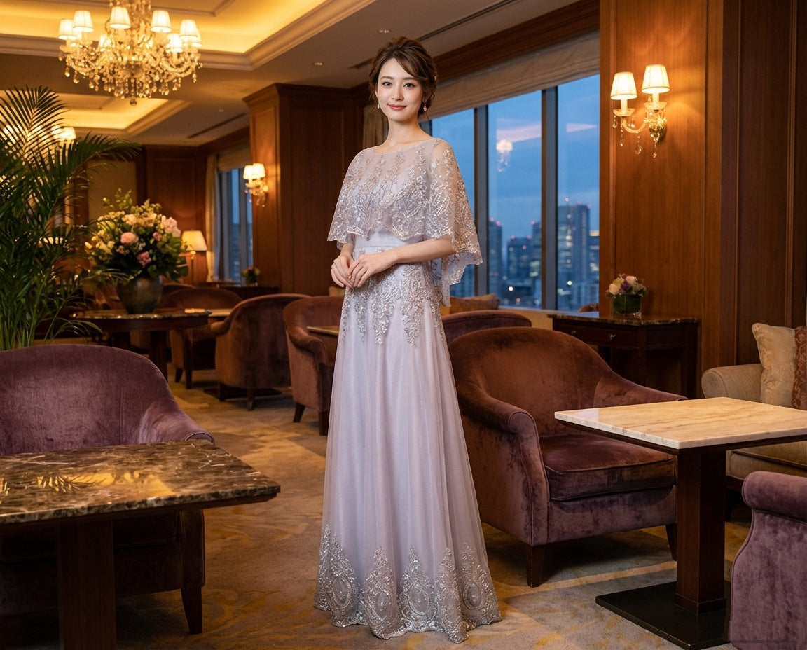 gervais Aラインドレス (着丈 サイズオーダー可能) オーダーメイド ロングドレス パーティードレス 高級ドレス フォーマルドレス 演奏会 発表会 ホテルラウンジ チュールドレス レース刺繍 ウエスト切替 半袖デザイン 透明感 気品 上質感 大人女性 日本人着用 立ち姿美しい シャンデリア光 特別な夜 楽天SEO（グレー）