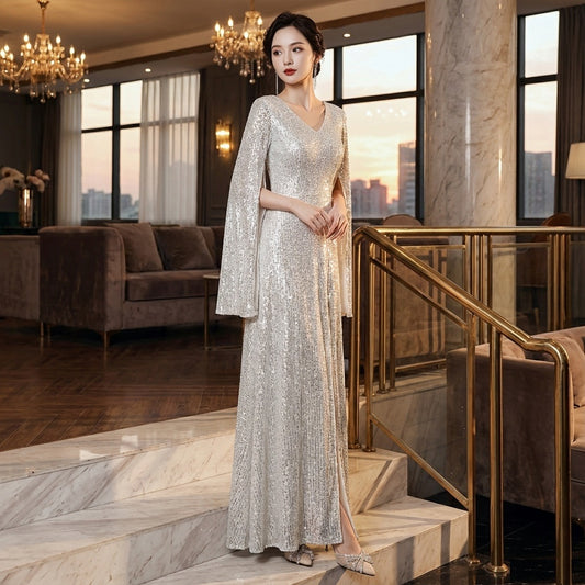 7767 オーダーメイド ロングドレス シルバーグリッター スリットエレガンス ベルスリーブ輝き （グレー）