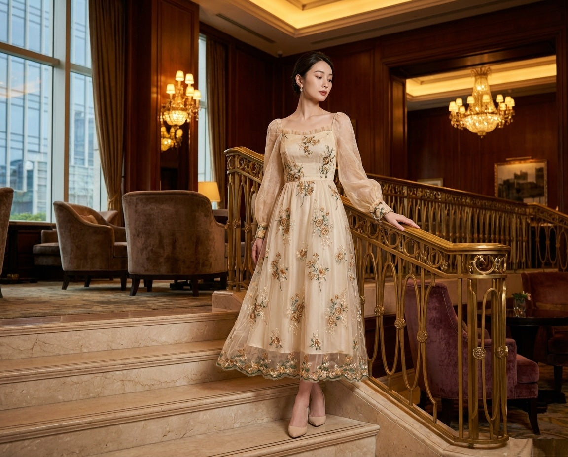 Abigail パーティードレス (着丈 サイズオーダー可能) Aラインドレス オーダーメイド ロングドレス フォーマルドレス イブニングドレス ミモレ丈 ノースリーブドレス 刺繍ドレス フラワー刺繍 チュール素材 シアー感 透明感 気品 清楚 上品 大人女性 日本人女性 自然な着用感 階段ポージング ホテル空間 シャンデリア照明 特別な一日 高級感 楽天市場人気 結婚式 お呼ばれ 発表会 （ベージュ）XS S M L XL XXL XXXL