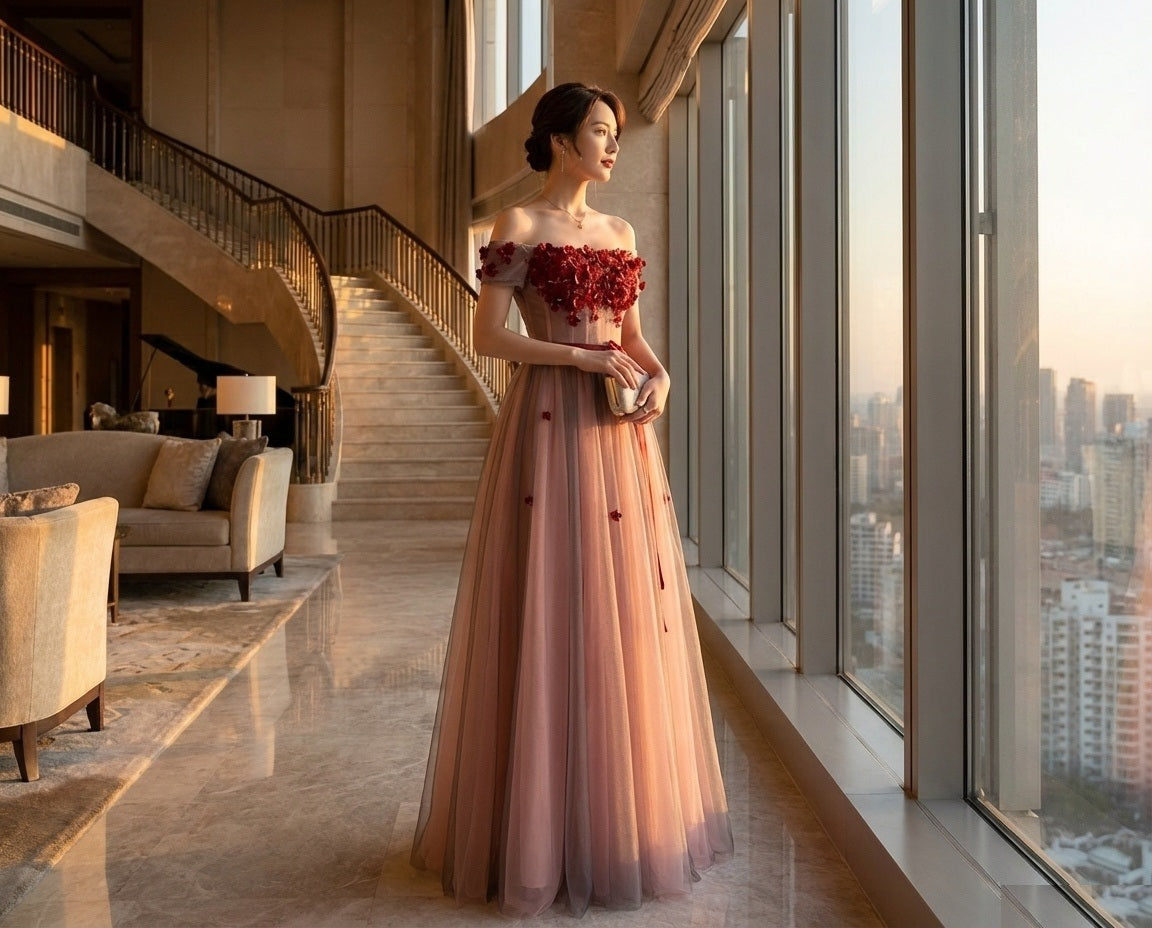 lena  チュールドレス (着丈 サイズオーダー可能) オーダーメイド ロングドレス Aラインドレス ピンクベージュドレス バーガンディ刺繍 立体フラワー ウエストリボン 体型補整 美シルエット 透明感 ホテルディナー 大人可愛い 高級感 （レッド）