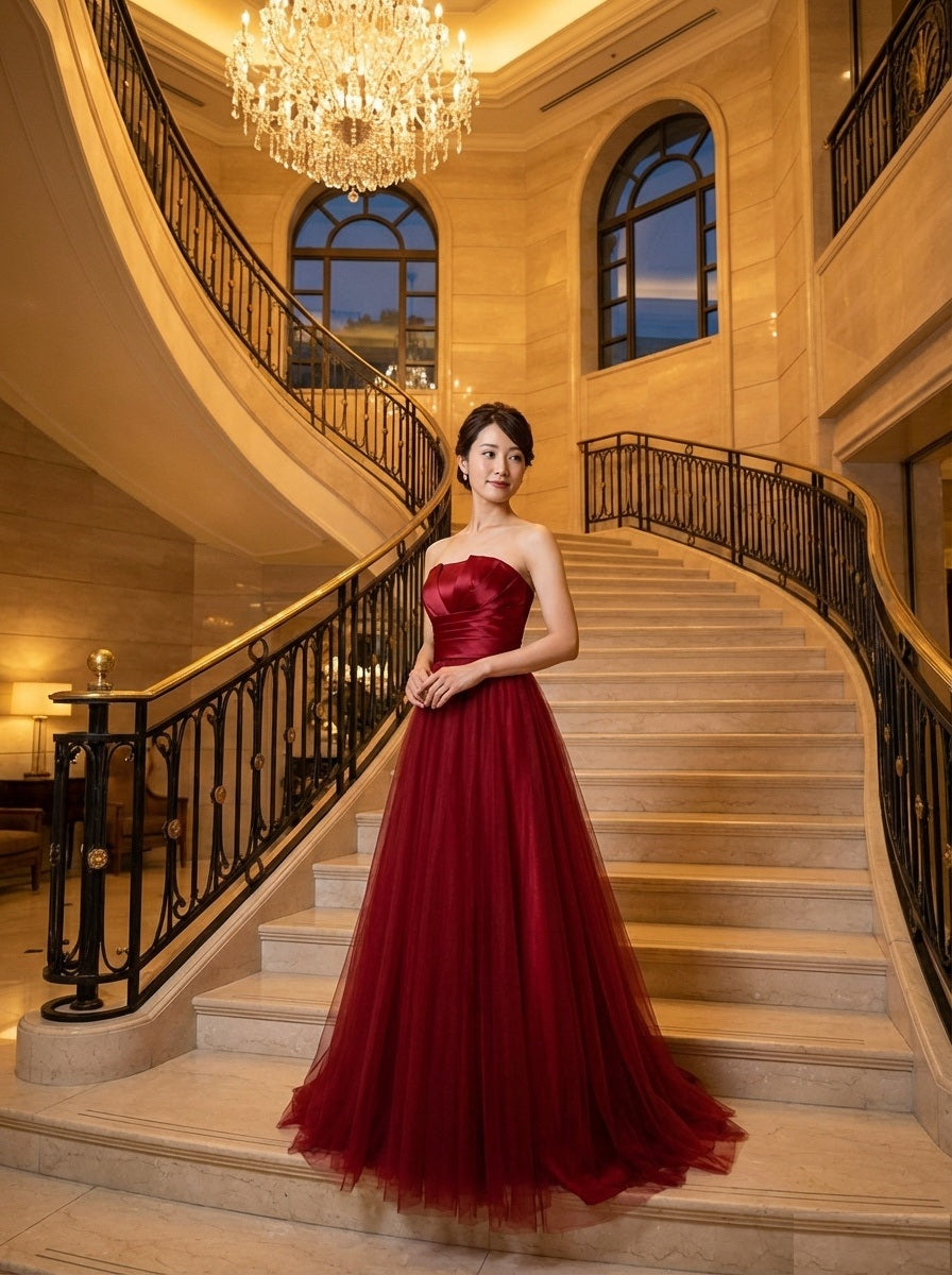 3-jjd8 (着丈 サイズオーダー可能) オーダーメイド Aラインドレス ロングドレス チュールドレス ビスチェドレス フォーマルドレス 上質素材 ボリュームスカート クラシックホテル 大階段演出 シャンデリア光 気品 透明感 大人女性 正装 結婚式 披露宴 演奏会 晩餐会 パーティー 高級感 日本人女性向け （レッド）XS S M L XL XXL XXXL