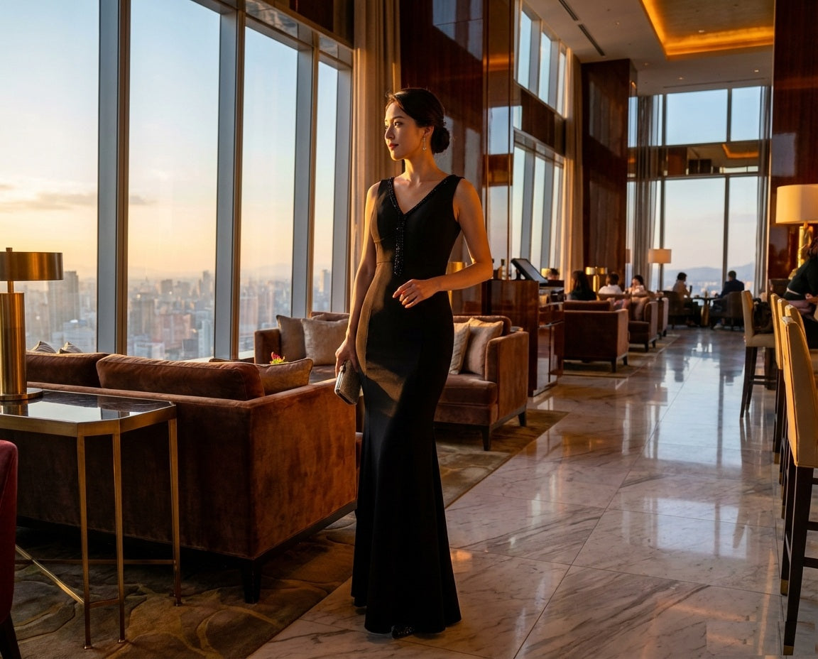 lisa マーメイドドレス (着丈 サイズオーダー可能) オーダーメイド ロングドレス ブラックドレス ノースリーブドレス Vネックデザイン 美シルエット 体型補整 スレンダーライン 上質素材 高級感 ホテルディナー フォーマルシーン （ネイビー）