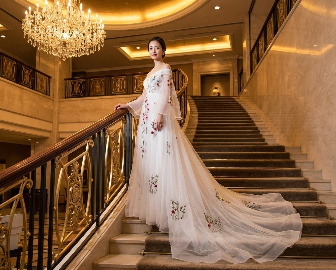 dussolier (着丈 サイズオーダー可能) オーダーメイド Aラインドレス ロングドレス レースドレス ノースリーブドレス 水色ドレス フォーマルドレス 上質素材 繊細レース ペールブルー エアリーシルエット 流れるトレーン 柔光ライティング 透明感 気品 清楚 大人女性 正装 結婚式 披露宴 演奏会 晩餐会 パーティー 高級感 日本人女性向け （ホワイト）XS S M L XL XXL XXXL