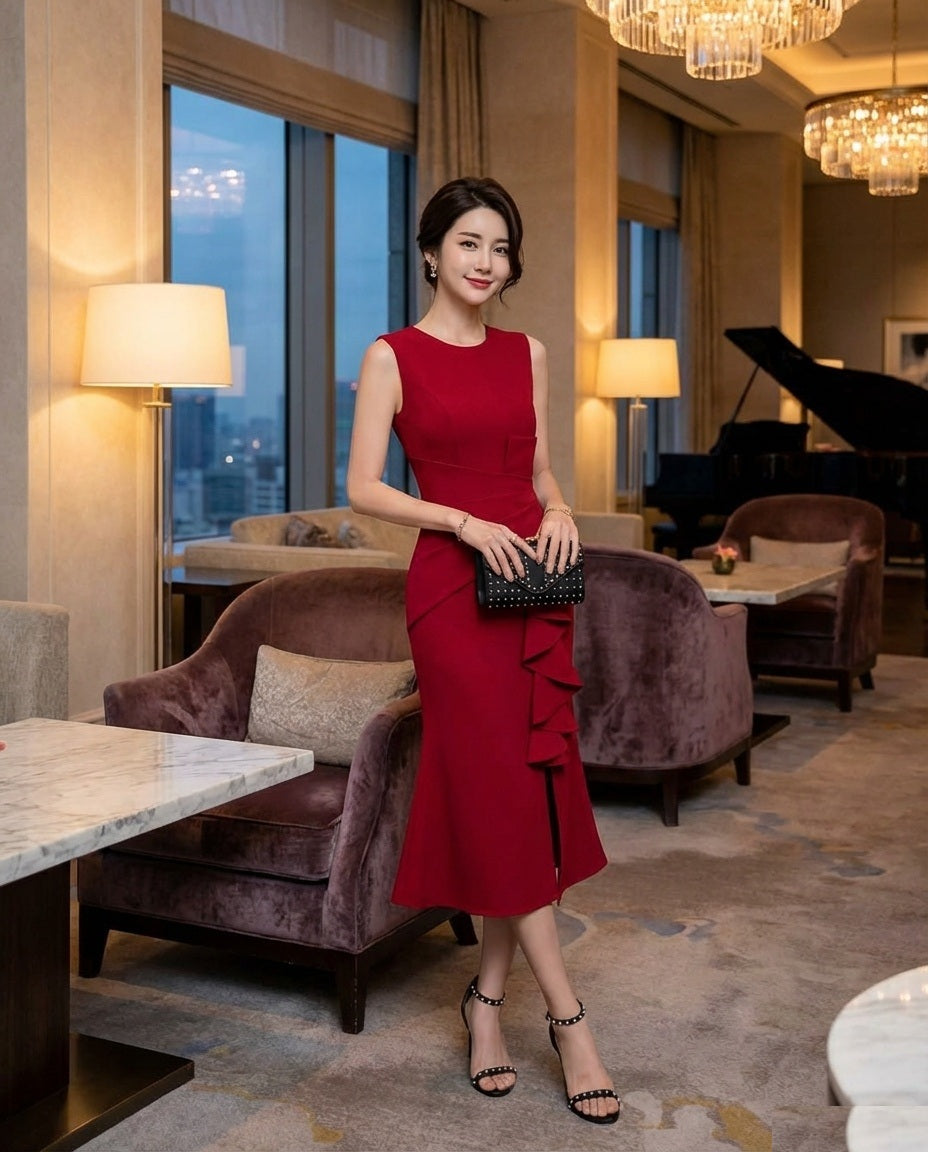 Isabella レッド スリットドレス タイトライン ノースリーブ 優雅シルエット オーダーメイド（レッド）