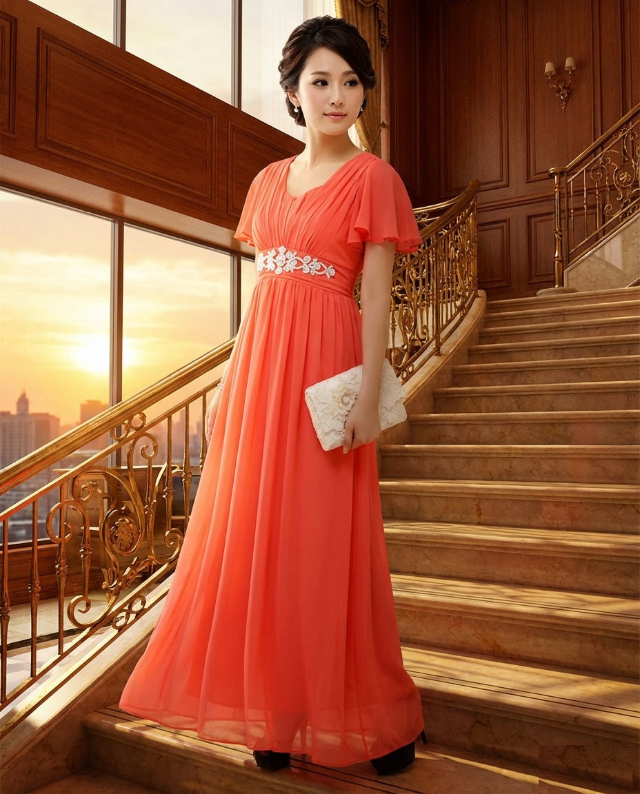 lerner Aラインドレス (着丈 サイズオーダー可能) オーダーメイド ロングドレス 半袖ドレス レッドドレス コーラルレッド シフォン チュール ウエストビジュー 刺繍 上質素材 高級感 気品 透明感 フェミニン 大人の余裕 静かな美しさ クラシックホテル 大階段 サンセット ゴールデンアワー シャンデリア 光演出 立体シルエット 体型補正 フォーマル 晩餐会 特別な夜 （オレンジ）