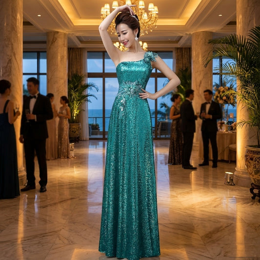 goldfishgold スパンコールドレス (着丈 サイズオーダー可能) オーダーメイド ロングドレス ワンショルダードレス フラワーモチーフ Aラインシルエット 体型補整 美シルエット 高級感 上質素材 透明感 大人上品 ホテルパーティー 特別な夜 （グリーン）