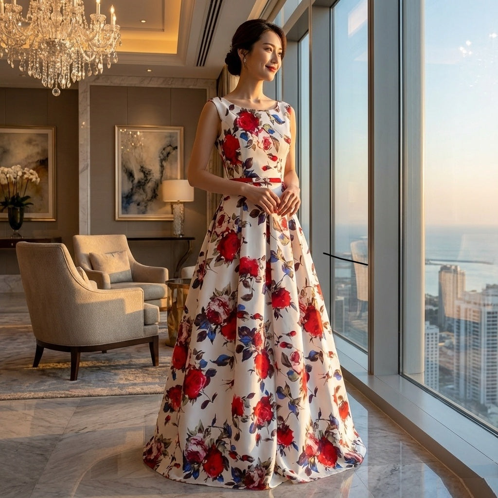 sara ロングドレス (着丈 サイズオーダー可能) オーダーメイド Aラインドレス 花柄ドレス ノースリーブドレス ホワイトベース フラワープリント フレアシルエット 体型補整 美シルエット 上質素材 ホテルラウンジ 大人上品 （ホワイト）