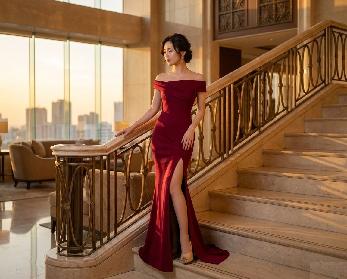 lucinda スリットドレス (着丈 サイズオーダー可能) オーダーメイド ロングドレス オフショルダードレス マーメイドドレス スリムフィット 美シルエット 体型補整 高級感 静かな華やぎ エレガント ホテルディナー 特別な夜 フォーマル ラグジュアリー 大人女性 （レッド）