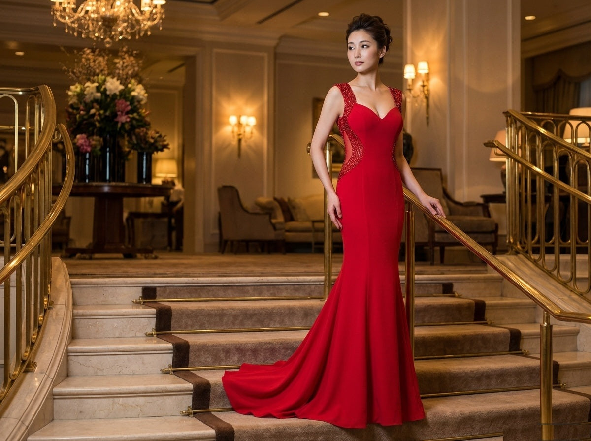 francesca (着丈 サイズオーダー可能) マーメイドドレス ロングドレス オーダーメイド 高級ドレス ネイビードレス ブルードレス フラワー刺繍ドレス ビジュードレス ノースリーブドレス フィッシュテール パーティードレス イブニングドレス 演奏会ドレス 発表会ドレス 結婚式 二次会 高級ホテル 大階段 シャンデリア光 気品 透明感 大人の余裕 日本人女性 曲線美強調 特別な夜 主役級存在感（レッド）