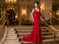 francesca (着丈 サイズオーダー可能) マーメイドドレス ロングドレス オーダーメイド 高級ドレス ネイビードレス ブルードレス フラワー刺繍ドレス ビジュードレス ノースリーブドレス フィッシュテール パーティードレス イブニングドレス 演奏会ドレス 発表会ドレス 結婚式 二次会 高級ホテル 大階段 シャンデリア光 気品 透明感 大人の余裕 日本人女性 曲線美強調 特別な夜 主役級存在感（レッド）