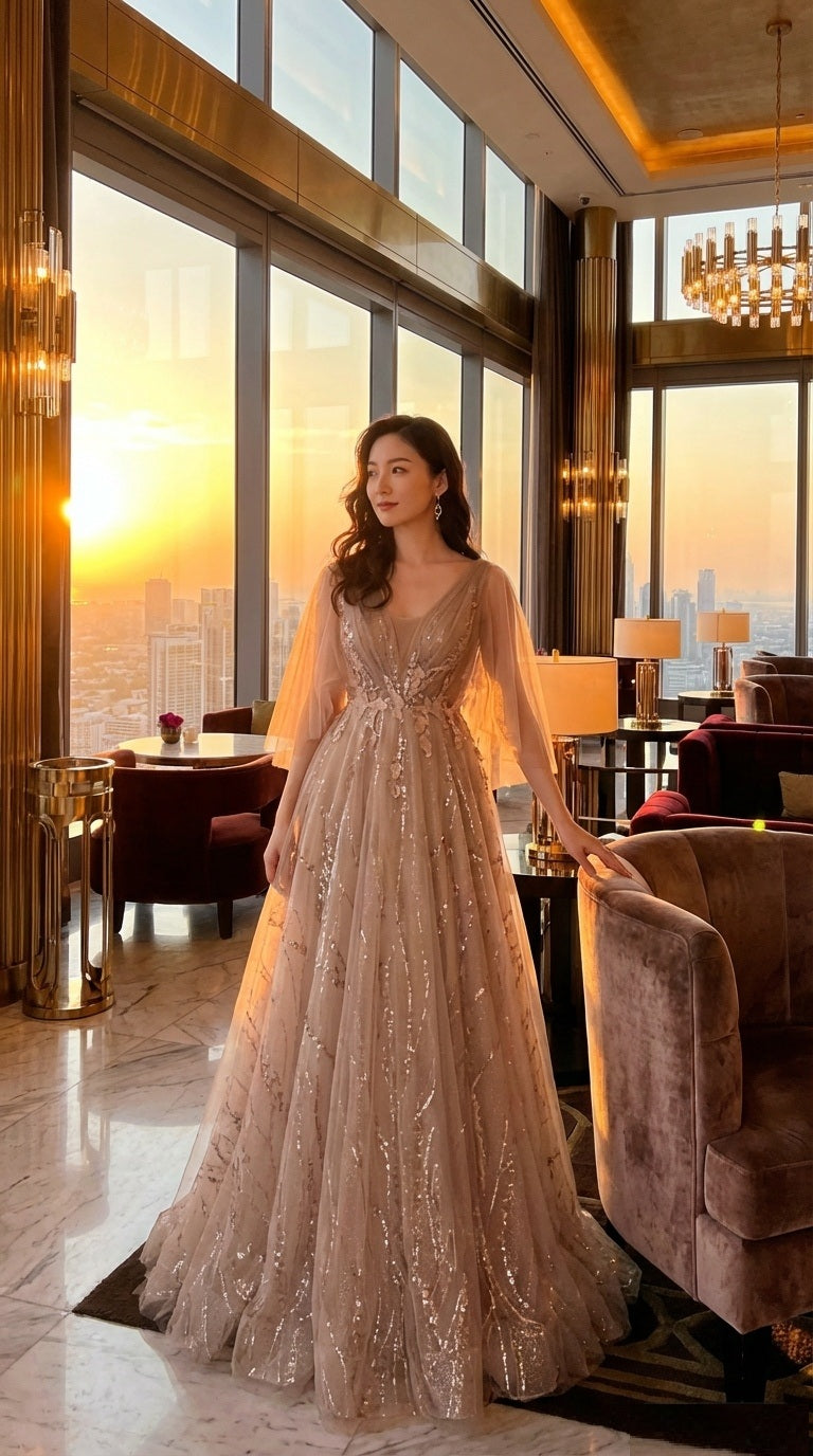 rothy （着丈 サイズオーダー可能） オーダーメイド ロングドレス Aラインドレス ベージュドレス レースドレス ビジュードレス 上質素材 高級感 日本人女性向け 美シルエット 体型補整 気品 透明感 静かな美しさ ホテルラウンジ 自然光 特別な夜 パーティー 結婚式 演奏会 二次会 （ゴールド）XS S M L XL XXL XXXL