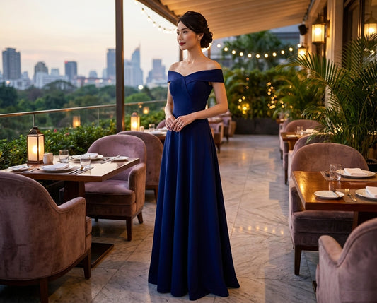a3301bu オーダーメイド オフショルダーロングドレス Aライン 上品フレアシルエット 夕景エレガンス （ブルー）