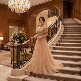 barbora Aラインドレス ゴールド S M L XL 結婚式 大きいサイズ 演奏会