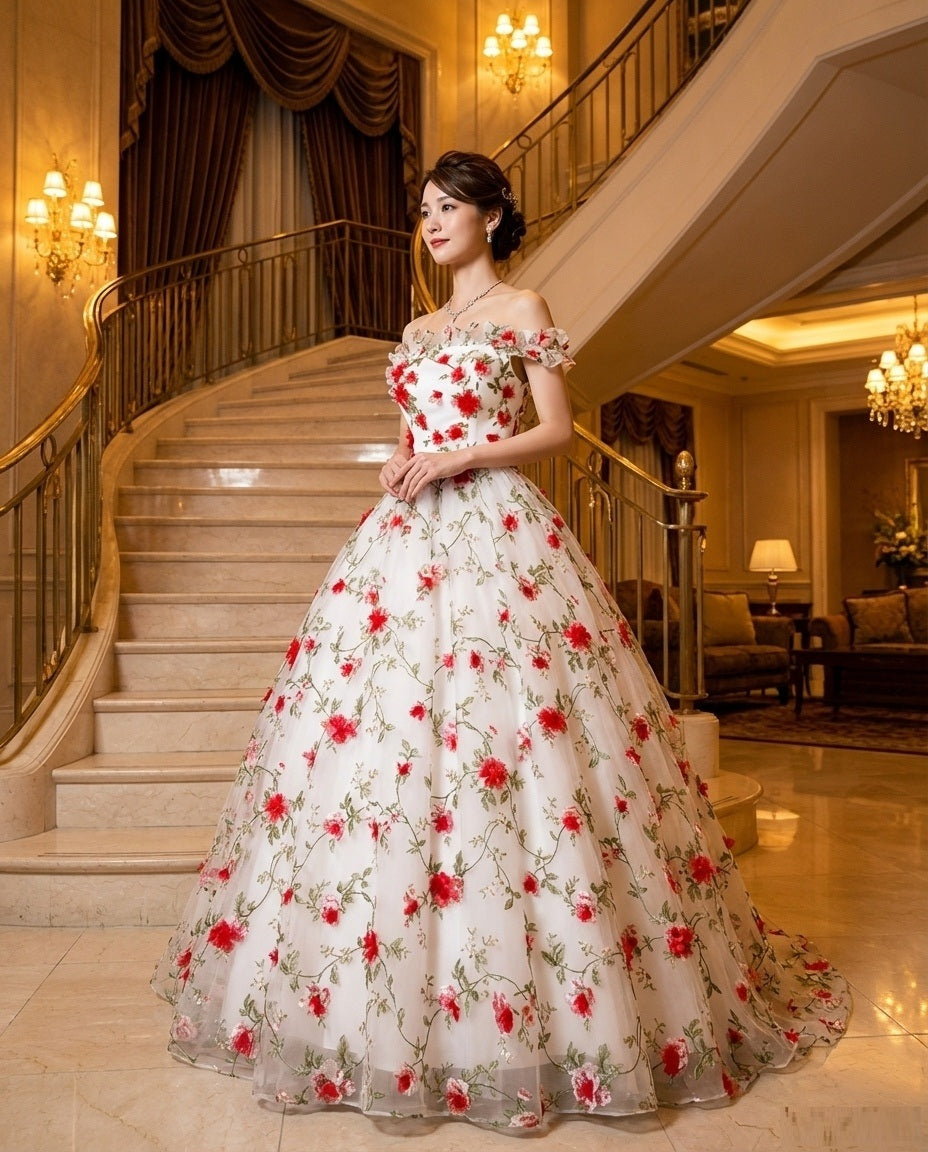 3-6272 ウロングドレス (着丈 サイズオーダー可能) オーダーメイド Aラインドレス プリンセスドレス ノースリーブドレス フォーマルドレス パーティードレス 結婚式 演奏会 発表会 高級ドレス ラグジュアリー フラワー刺繍 レース チュール素材 立体花柄 透明感 ボリュームスカート 縦長効果 宮殿階段 シャンデリア光 気品 可憐 主役級 特別な一日 楽天市場人気 （ホワイト）XS S M L XL XXL XXXL