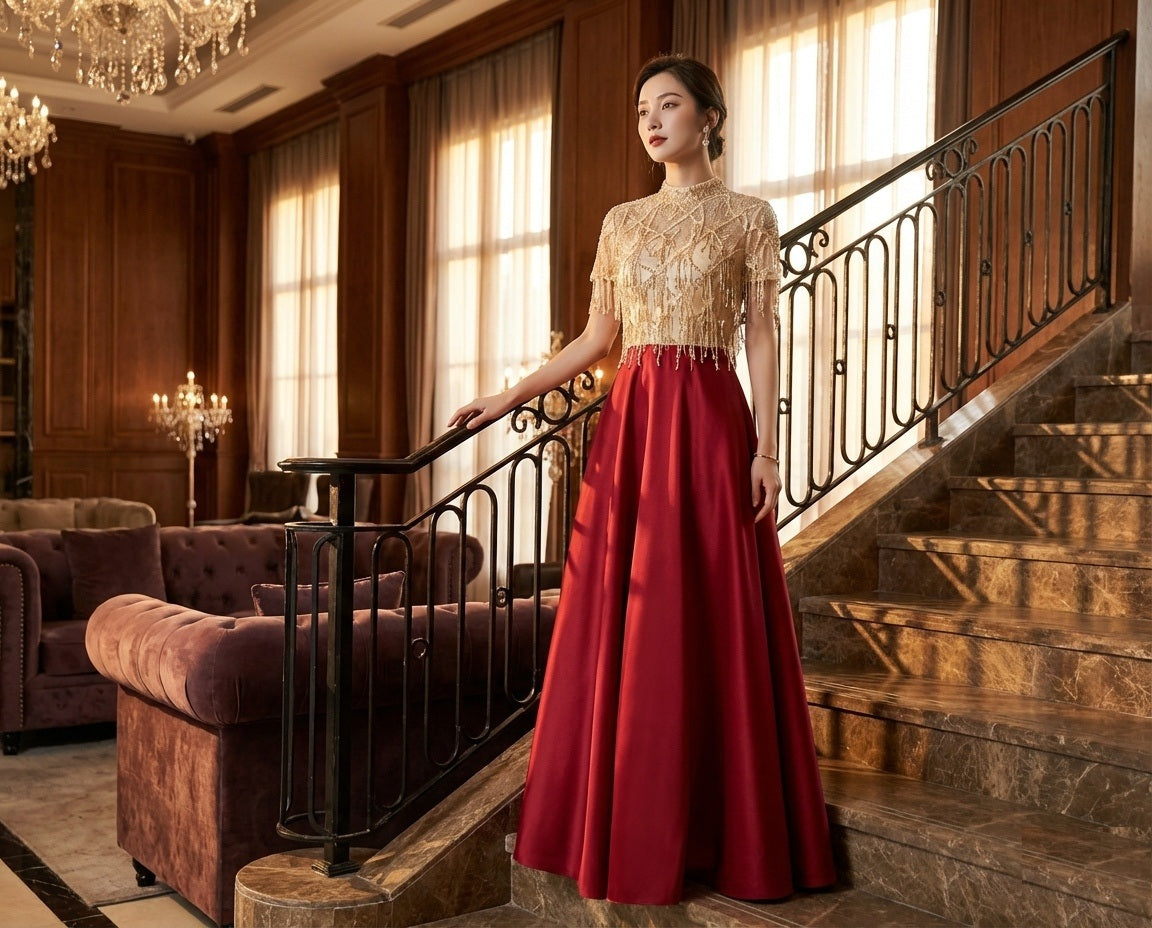 ester Aラインドレス (着丈 サイズオーダー可能) ロングドレス ノースリーブドレス オーダーメイド 高級ドレス パーティードレス イブニングドレス フォーマルドレス 赤ドレス レッド サテン 光沢 上質素材 美シルエット 体型美化 大人エレガンス 気品 透明感 静かな色気 ホテルラウンジ 階段 夜景 夕暮れ ラグジュアリー 特別な夜 主役級 存在感 楽天人気 演奏会 結婚式二次会 発表会 撮影用 （レッド）XS S M L XL XXL XXXL